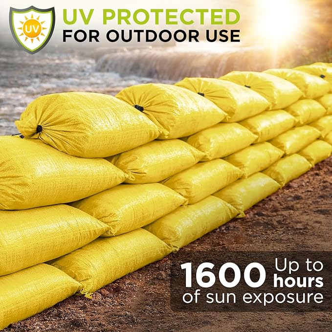 Heavy Duty Sand Bags Pack of 5, Bright Yellow Empty Sandbags with Built-In Ties, Woven Polypropylene UV Protection 1600 Hours, Fillable Bags for Flood Control, Weight, 18x30 inches, 75 Pounds Volume
