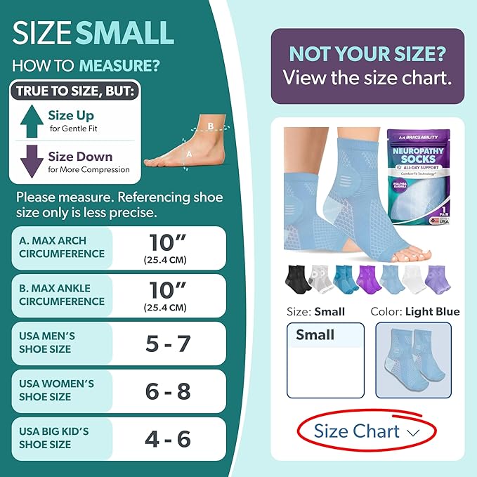 BraceAbility Neuropathy Socks (Pair) - Peripheral Neuritis Compression Diabetic Toeless Foot Sleeves for Nerve Damage Pain in Feet, Ankle Gout, Plantar Fasciitis Relief Brace for Men and Women (S - Light Blue)