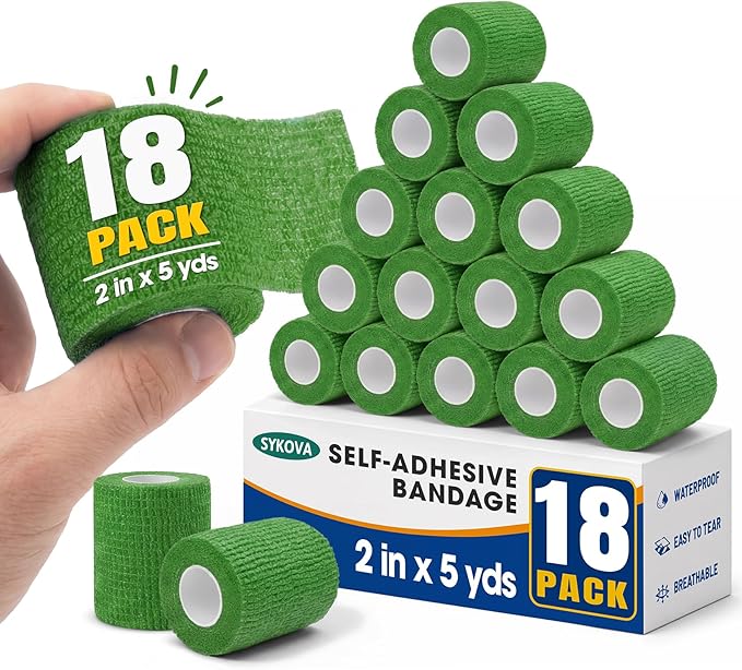 18 Pack Self Adhesive Bandage Wrap, 2 Inch Strong Cohesive Sports Tape in Jade Green, Wrist Tape for Stretch Athletic, Secure Support for Thumb Ankle Wounds and Sports Injury Protection
