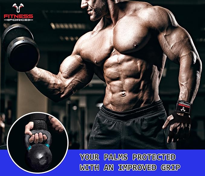 FITNESS FORCE Ventilated Weightlifting Gloves Workout Gloves for Men & Women with Built-in Wrist Wraps Fingerless Gym Gloves for Men Perfect for Exercise Fitness, Weight Lifting, Cross Training