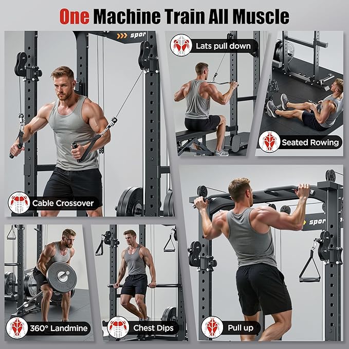 Sportsroyals Squat Rack, LAT Power Cage, Power Rack Multi-Function with Pulley System and Training Attachments for Home Gym