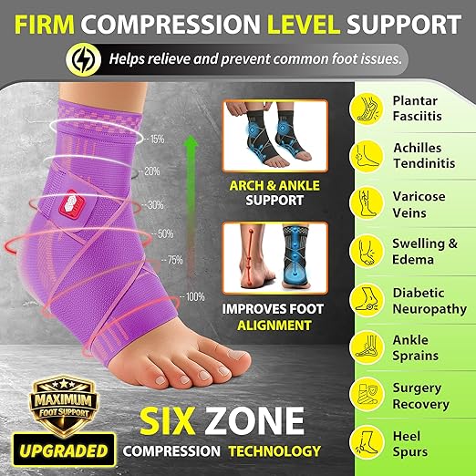 BLITZU Ankle Brace for Women, Men, Plantar Fasciitis Relief, Achilles Tendonitis Brace for Sprained Foot, Ankle Compression Sleeve with Strap Purple L