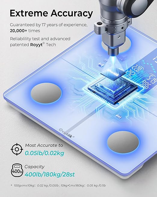 Ovutek Smart Body Fat Scale with 14 Body Composition Metrics Including BMI, Muscle Mass, Weight Bathroom Scale with Color-Changing, Fitness App - Flash White