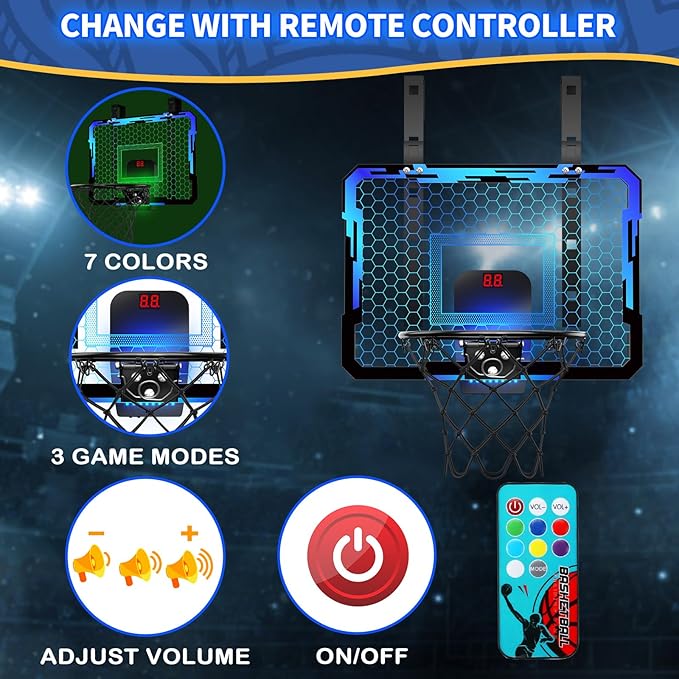 QDRAGON Indoor Basketball Hoop for Kids, Over The Door Mini Basketball Hoops with 7 LED Lighting, Basketball Toys Gifts for 5 6 7 8 9 10 11 12 Year Old Boys Girls Teens, Blue