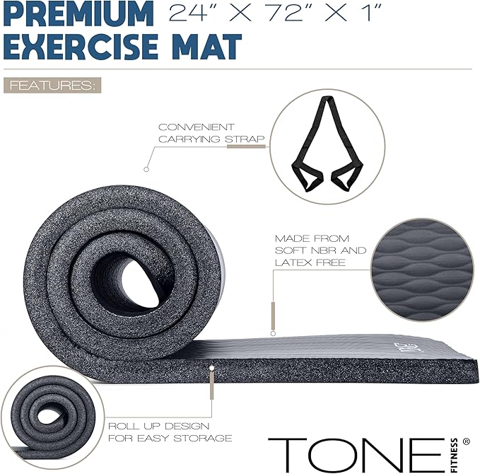Tone Fitness 1-Inch Thick Yoga Mat | High-Density, Non-slip Exercise Mat with Carrying Strap for Yoga, Pilates, & Home Gym Workouts | Multiple Options