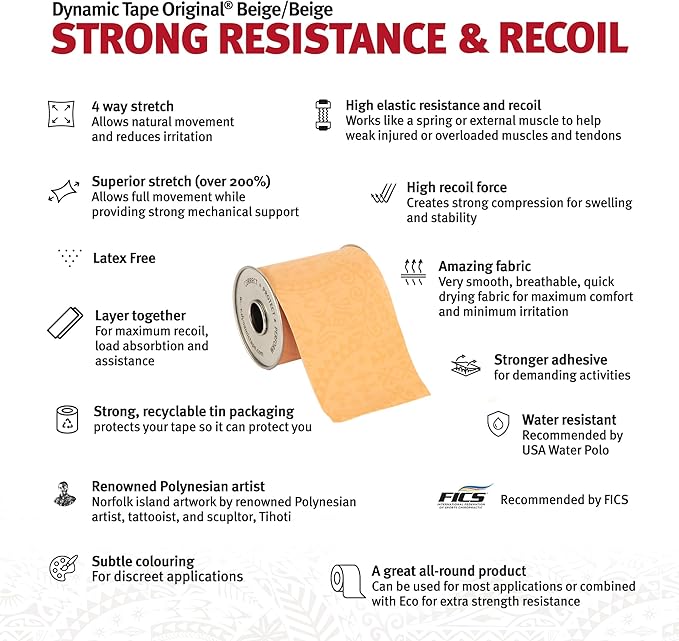 Dynamic Tape Original - Biomechanical Athletic Tape | 4 Way Stretch & Stronger Recoil Than Kinesiology Tape | Designed for Muscle & Joint Load Management | High-Load Sports (4pack - 3" Beige Roll)