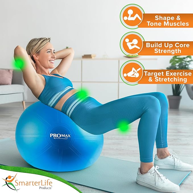 SmarterLife PRO MAX Exercise Ball – Yoga, Stability & Balance Trainer for Core Workouts, Fitness, Physical Therapy, Pregnancy & Office Chair Support – Anti-Slip, Anti-Burst