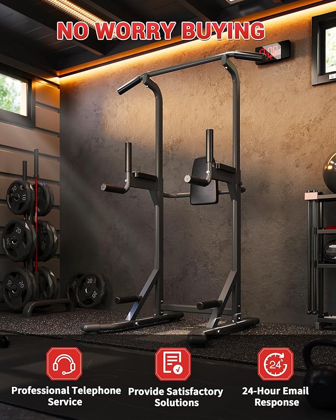 Power Tower, Heavy Duty Pull Up Bar 450LB Capacity, Multi-Functional Dip Station Adjustable Height, Strength Training Equipment Full Body for Home Gym, Pull-Ups, Dips & Leg Raises, Carbon Steel