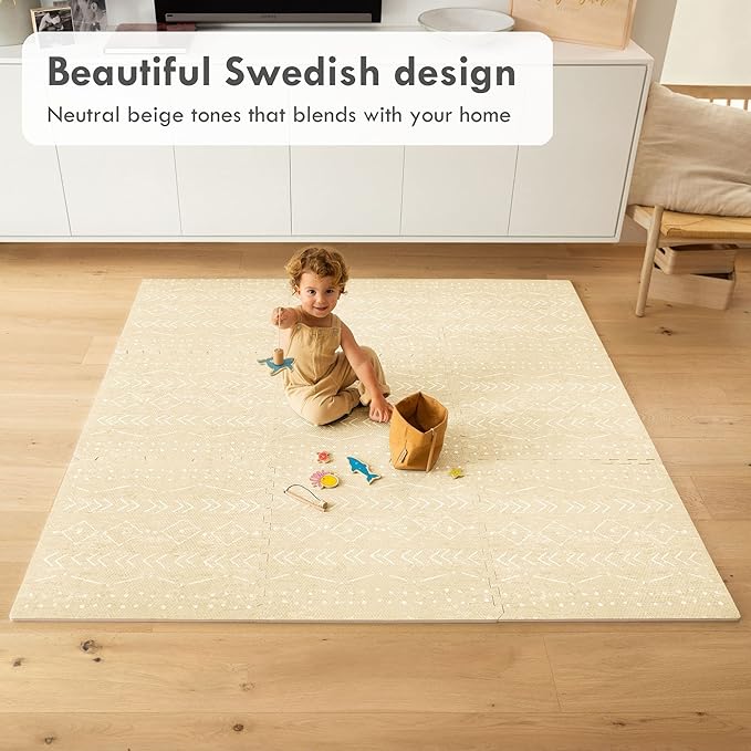 Lillefolk Baby Play Mat for Floor – 6x6ft Beige | Soft Non Toxic Premium EVA Foam Tiles for Tummy Time, Crawling & Playroom – Waterproof for Hard Floors Mat for Babies & Toddlers (9 Tiles)