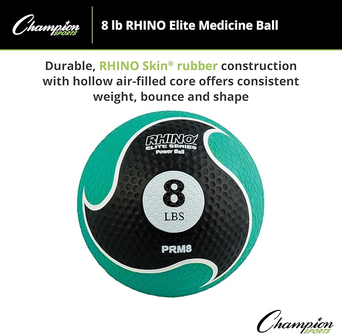 Champion Sports Rhino Elite Medicine Ball – Textured Surface, Superior Grip, Hollow Synthetic Rubber for Consistent Bounce & Durability, Multiple Weights & Colors - Optional Rebounder Sold Separately
