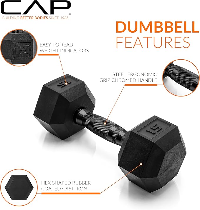 CAP Barbell Coated Hex Dumbbell Weight - Single | 10-120 lbs | Multiple Options