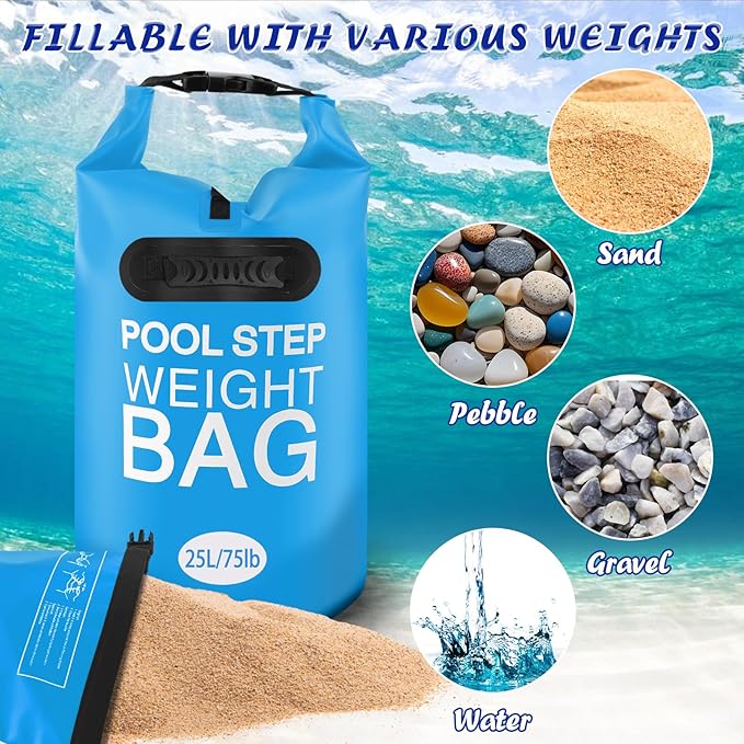 2 Pack 25L/75lb Universal Pool Step Weights 500D PVC Waterproof Swimming Pool Ladder Weights No Breaken Above Ground Pool Ladder Sand Bags, Foldable Pool Stair Weights for Pool Steps(Sky Blue)