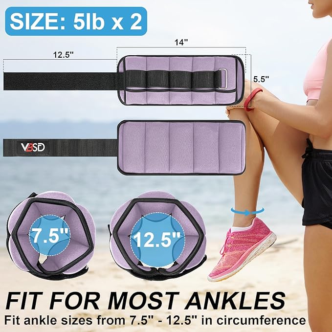 VBSD Adjustable Ankle Weights for Men Women, 2 4 6 8 10 lbs 1 Pair Leg Weight Straps, Weighted Ankle Weight Set with Removable Sandbags for Walking Running Yoga Physical Therapy Gym Home Workout