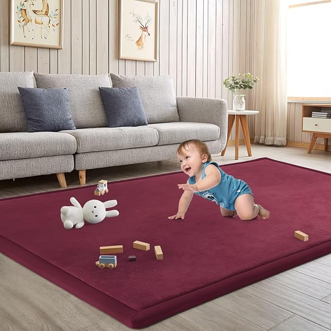 Baby Play Mat for Floor Nursery Muscle Area Rug Playroom Rug 47"x47" Memory Foam 1.3" Thick Crawling Mat for Babies,Toddlers, Infants,Kids(Burgundy)