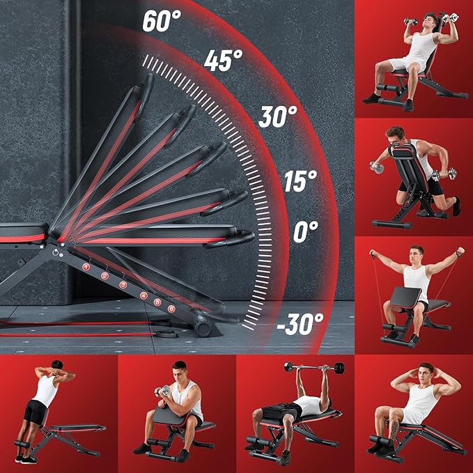 ALSO GO Adjustable Weight Bench, Workout Benches with Leg Extension & Extended Headrest, Foldable Incline Decline Bench Press, Roman Chair, Full Body Strength Training Equipment for Home Gym