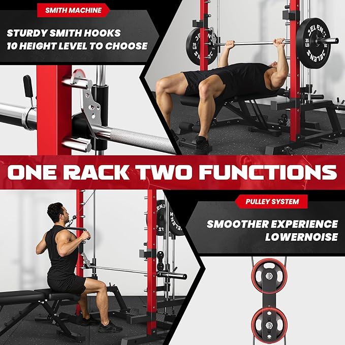JELENS SR01 Smith Machine, 2000LBS Multi-Function Power Cage with LAT Pulldown System, All-in-One Home Gym Squat Rack with Smith Bar and Training Attachments for Full Body Workouts