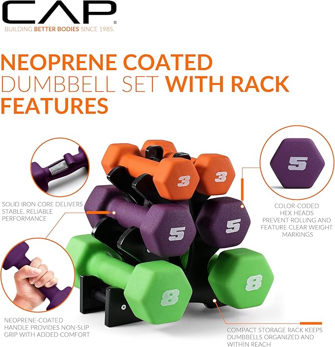 CAP 20 LB Set of Neoprene Dumbbells with Rack | 2, 3, 5 LB pairs