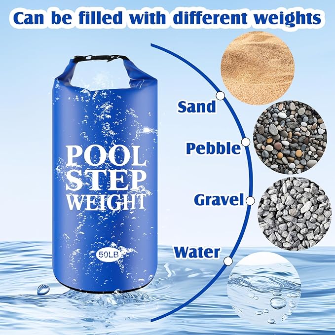 2Pcs Blue Pool Step Weights, 50LB PVC Waterproof Swimming Pool Ladder Weights Sand Bags Foldable Pool Stair Weights for In Ground and Above Ground Pools