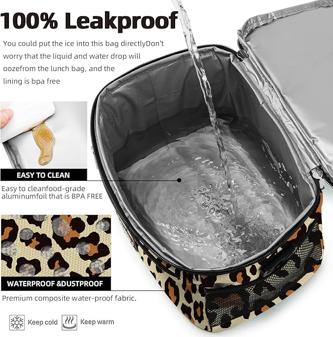 BEIMILY Lunch Box for Men/Women, Small Insulated Lunch Bag, Leak-Proof Soft Cooler Tote Bag, Reusable LunchBox for Work, Travel,Picnic with Adjustable Shoulder Strap for Adults(Leopard print)