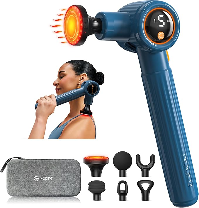 NAPRE Massage Gun with Heat,Massage Gun Deep Tissue with Extension Handle & 3 Adjustable Angles,Handheld Percussion Back Massager for Muscle/Neck/Body Pain Relief with Case,Mothers Day Gifts,Blue