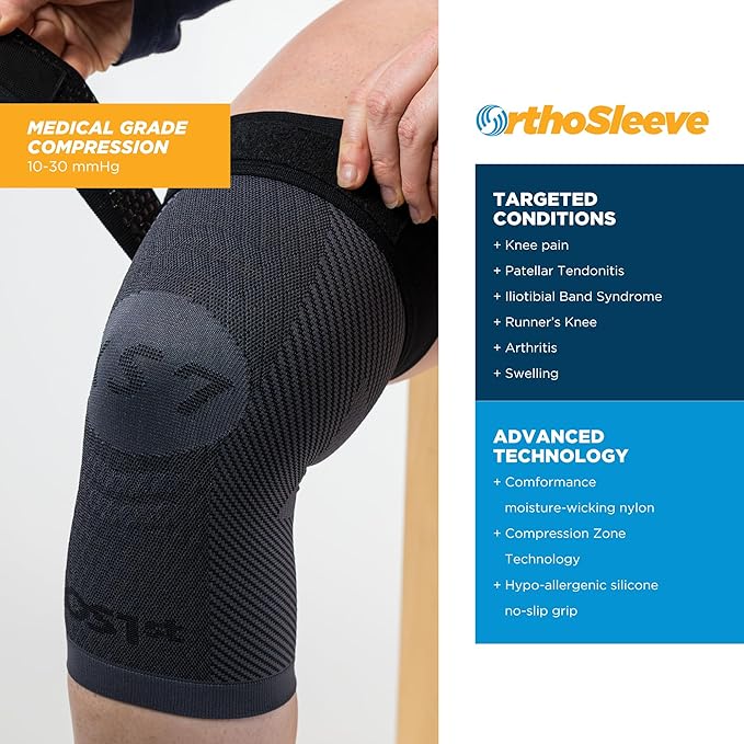 OrthoSleeve KS7+ Adjustable Knee Sleeve for Knee Pain Relief, Running, Tendonitis, Arthritis & Swelling | Medical Grade Compression with Adjustable Strap