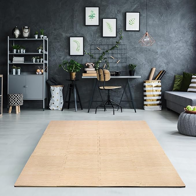 Sorbus Wood Grain Floor Mats Foam Interlocking Mats Each Tile 1 Square Foot 3/8-Inch Thick Flooring Wood Mat Tiles - Home Office Playroom Basement Trade Show (16 Tiles,16 Sq ft - Light Pine)