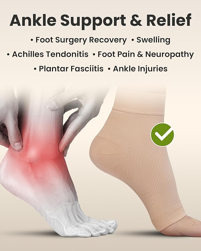 KEMFORD Ankle Compression Sleeve - 2-Pairs, Plantar Fasciitis Braces - Open Toe Compression Socks for Swelling, Sprain, Neuropathy, Foot Arch Support for Men and Women - 20-30mmhg, L, Beige