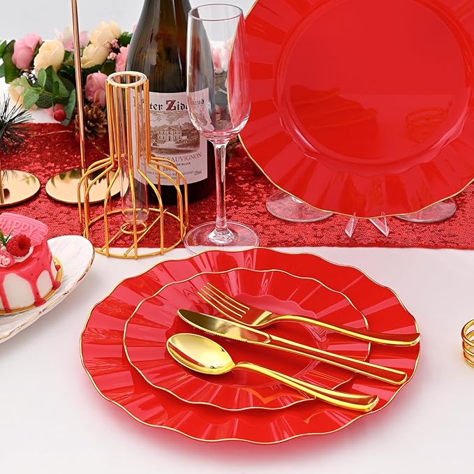 60Pcs Heavy Weight Red Plastic Plates with Gold Trim, Heavy Duty Red and Gold Christmas Plates, Elegant Disposable Plate Sets include 30 Dinner & 30 Dessert Plate for Party