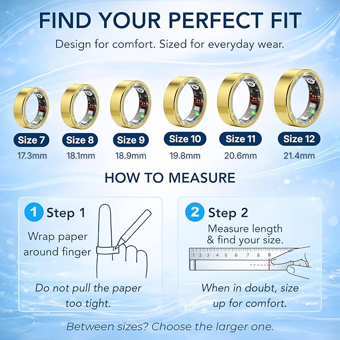Smart Ring Health & Fitness Tracker for Men & Women – Sleep, Heart Rate, SpO₂, HRV & Stress Tracking – BP & Women Health Support, 180+ Sport Modes, IP68 Waterproof, No Subscription Fee (Gold, 12)