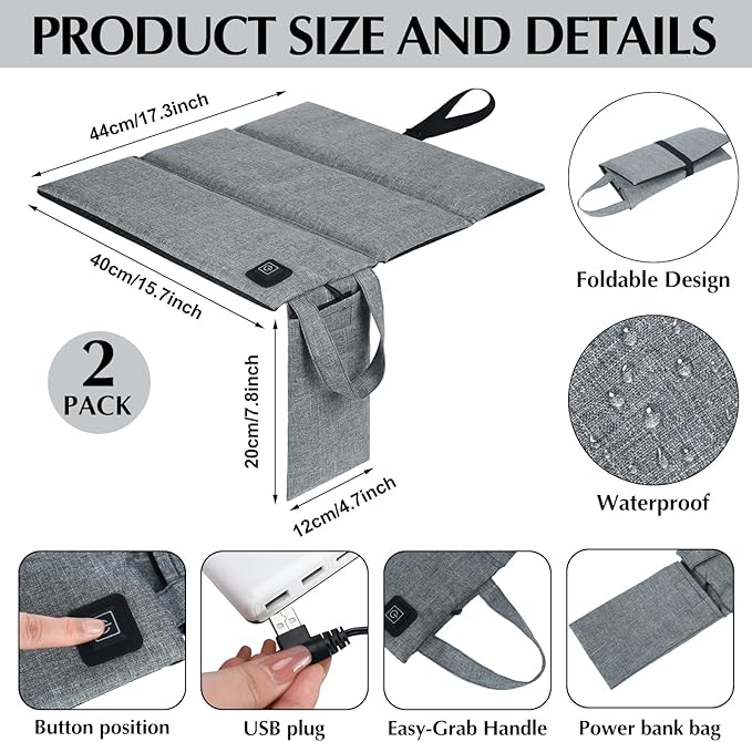 Rossesay 2 Pcs Portable Foldable Heated Seat Cushion Stadium Seat Heating Cushion Pad USB Z Waterproof 3 Mode Adjustable Heated Chair Pad for Indoor Outdoor Sports, Power Bank Not Included