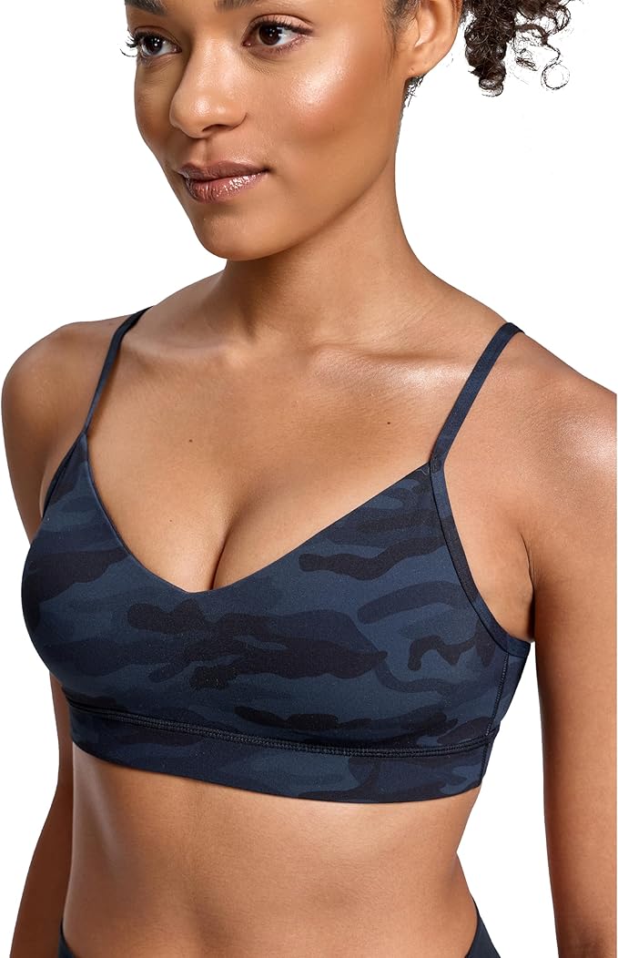 Oalka V Neck Sports Bra for Women Adjustable Padded Thin Straps Wireless Yoga Bras