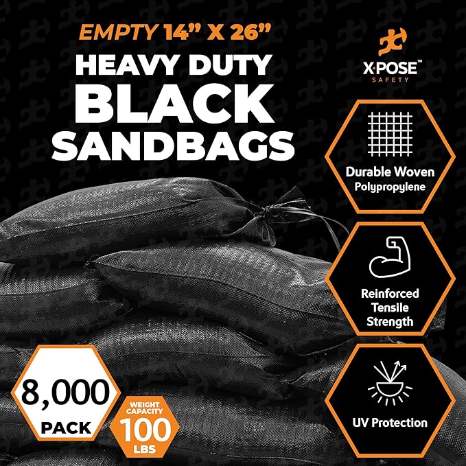 Xpose Safety Heavy Duty Sand Bags with Tie Strings – Empty Woven Polypropylene Sandbags for Hurricane Flood Protection, 100 lb Capacity, 14" x 26", Black, Bulk Full Pallet Pack of 8000