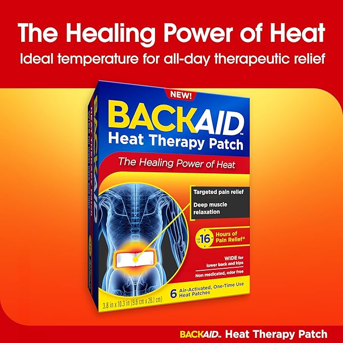 Backaid Heat Therapy Patch, Air-Activated Therapeutic Heat, Wide for Lower Back and Hip Pain Relief, 6 Count