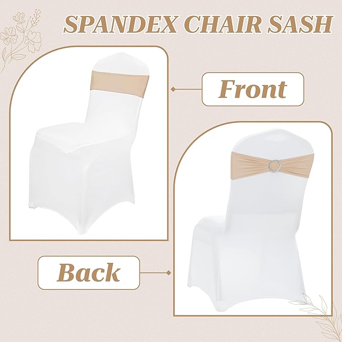 VDS - Champagne | Spandex Chair Sashes Bows | 10 PCS | Stretch Elastic Banquet Universal Folding Chair Band Tie with Silver Buckle Slider for Wedding Party Conference Celebration Event Decoration