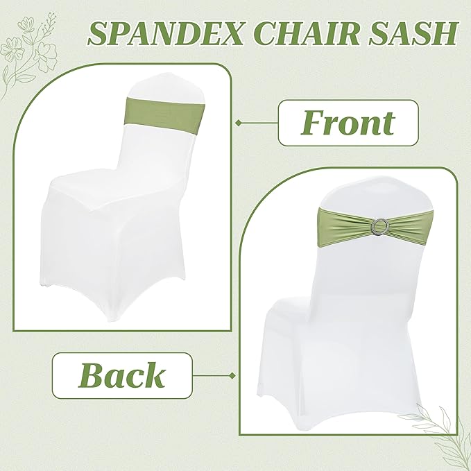 VDS - Sage Green | Spandex Chair Sashes Bows | 100 PCS | Stretch Elastic Banquet Universal Folding Chair Band Tie with Silver Buckle Slider for Wedding Party Conference Celebration Event Decoration