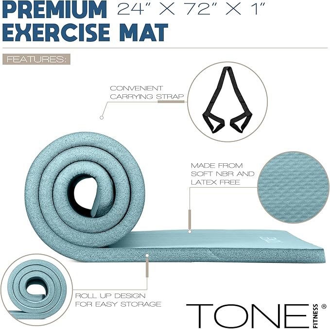 Tone Fitness 1-Inch Thick Yoga Mat | High-Density, Non-slip Exercise Mat with Carrying Strap for Yoga, Pilates, & Home Gym Workouts | Multiple Options