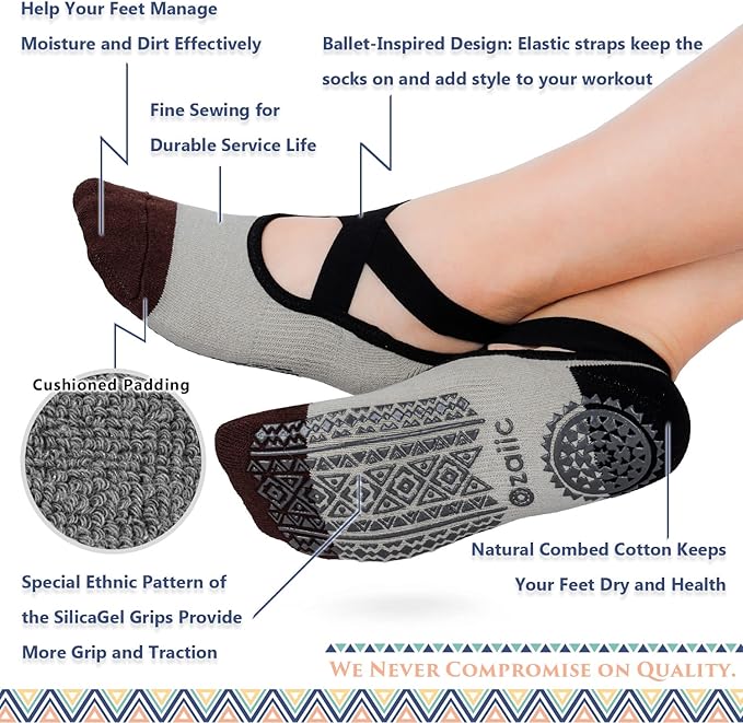 Ozaiic Pilates Socks for Women Non Slip Grip, Yoga Socks with Grippers for Barre, Hospital, Ballet, Dance, Barefoot Workout