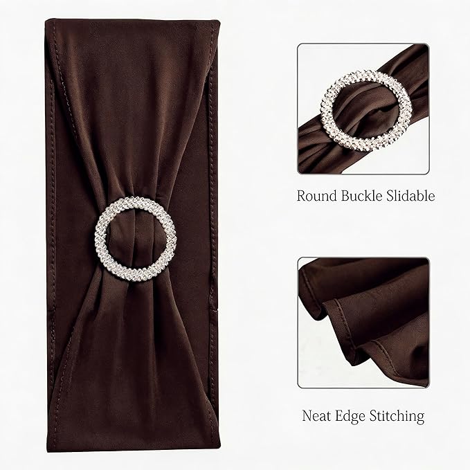100PCS Stretch Wedding Brown Chair Sashes Bands with Buckle Slider Sashes Bow Decorations 25 Colors (Chocolate)