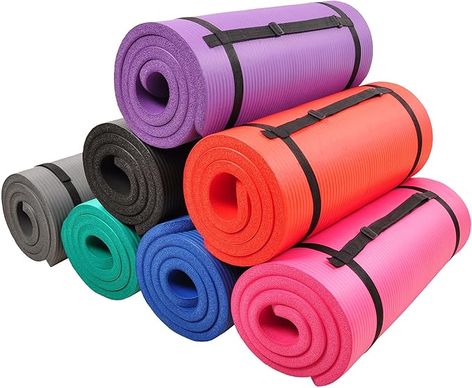 Signature Fitness 71x24 Inches Extra Thick Yoga Mat 1-Inch High-Density Foam – Roll-Up Exercise Pad with Double-Sided Non-Slip Surface and Carrying Strap for Pilates and Home Workouts, Multiple Colors