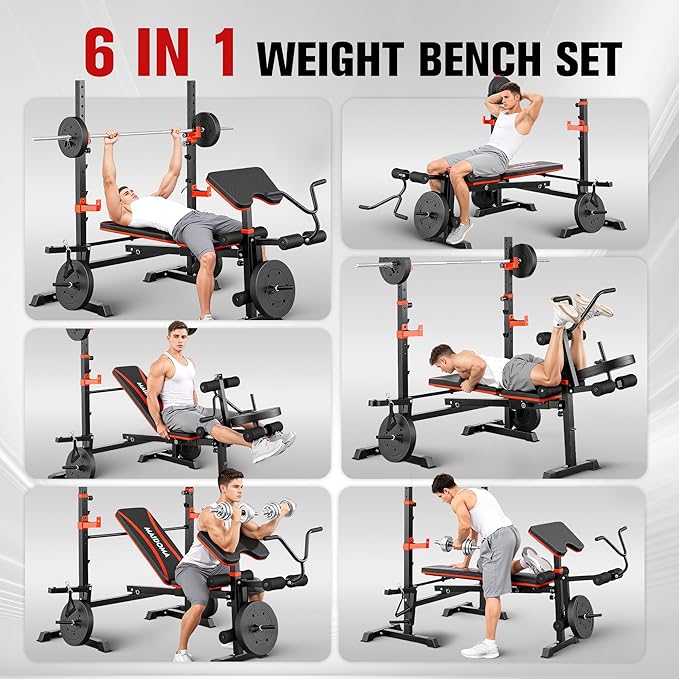 Foldable 1500LBS 8 IN 1 Olympic Weight Bench Set with Squat Rack, Leg Extension/Curl & Preacher Curl, Adjustable Bench Press Set with Safety Bar Catches for Home Gym Full Body Workout