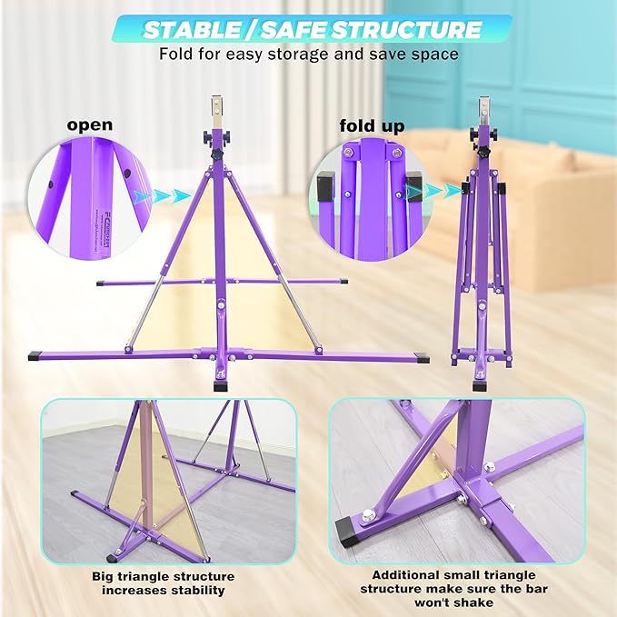 Foldable Gymnastics Bar,5FT Horizontal bar,Adjustable Kids Training bar for Kids Ages 3-15,Kids Gymnastics bar,Triangle Stable Structure-Gym Equipment for Home