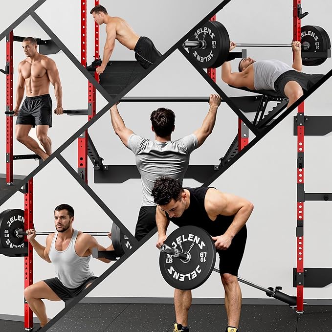 JELENS SF01 Folding Squat Rack, Wall Mounted Power Rack for Home Gym, Space Saving Multi-Functional Power Cage with More Attachments