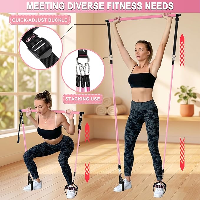 Goocrun Portable Pilates Bar Kit with Resistance Bands for Men and Women - 3 Set Exercise Resistance Bands - Multifunctional Home Gym - Supports Full-Body Workouts – with Fitness Poster and Video
