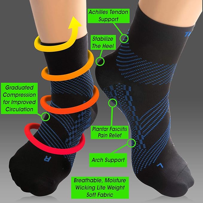 TechWare Pro Plantar Fasciitis Socks - Ankle Compression Socks for Women & Men. Achilles Tendonitis Brace & Foot Arch Support