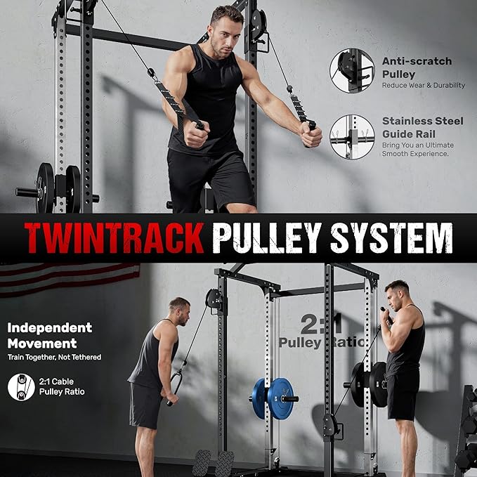 DP01 Power Cage, 2000LBS Squat Rack with with Cable Crossover and Dual Independent Pulley System, Full Cage for Full Body Training, Power Rack with More Training Attachments for Home Gym