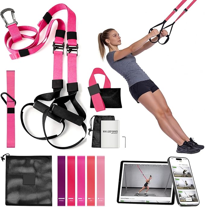 Home Resistance Training Kit - Full Body Workout Equipment with Suspension Straps, Handles & Door Anchor (Pink)
