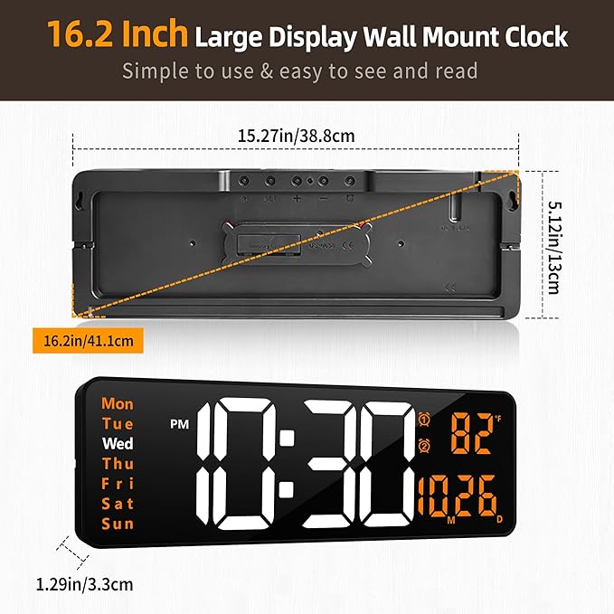 LEIKE 16.2'' Large Digital Wall Clock with Remote Control, Big LED/Dual Alarm/8 RGB Colors/Auto Brightness/Date/Auto DST/Temperature/Night Light Gym Clocks for Living Room Bedroom Office Wall Decor