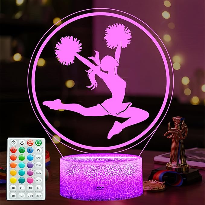 Cheerleader Gifts, Cheerleader 3D Night Light with 16 Colors Changing, Timer, 4 Flash Modes and Dimmable, for Birthday Xmas Cheering Squad Gifts for Room Decor Girls