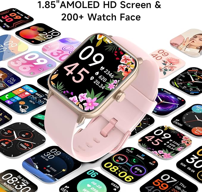 Smart Watches for Women,1.85" HD Display Compatible iPhone/Android (Answer/Make Calls),110+ Sport Modes Fitness Tracker with Heart Rate/Sleep/Sp02 Monitor,200+watch Face IP68 Waterproof (Pink, 1.85)