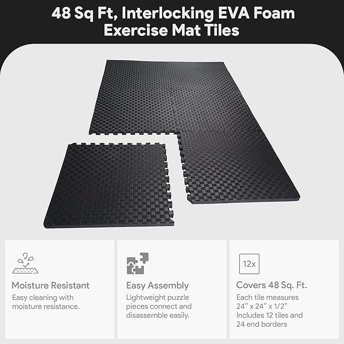 BalanceFrom Puzzle Exercise Mat 1/2' Thick, EVA Interlocking Foam Floor Tiles for Home Gym, Mat for Home Workout Equipment, Floor Padding for Kids, Black, 24 in x 24 in x 1/2 in, 48 Sq Ft - 12 Tiles